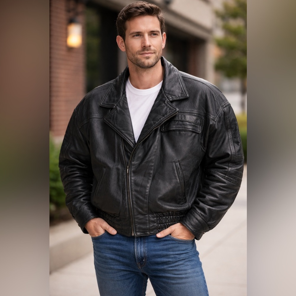 Vintage Vera Pelle Black Leather Bomber Jacket Size 54 (US 44/46)